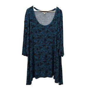 Woman Within PLUS 5X (38 / 40) Teal Pasiley Stretch 3/4 Sleeve Soft Blouse Top